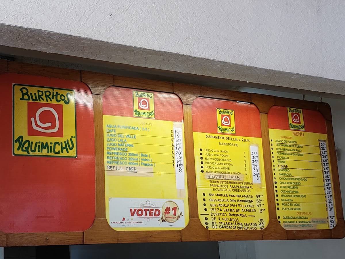 Menu at Burritos Aquimichú restaurant, Ciudad Juarez