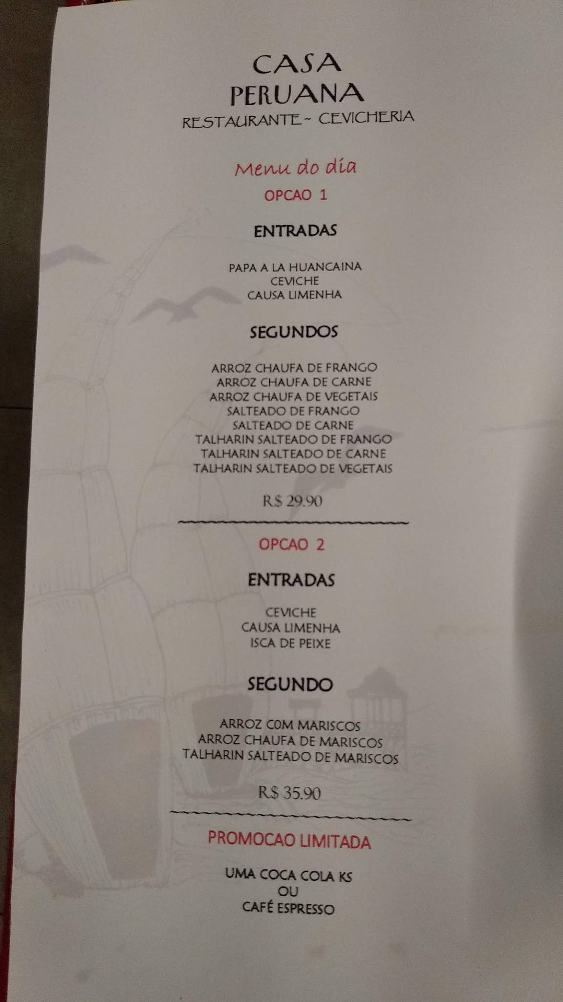 Casa Peruana Restaurante Cevicheria cardápio