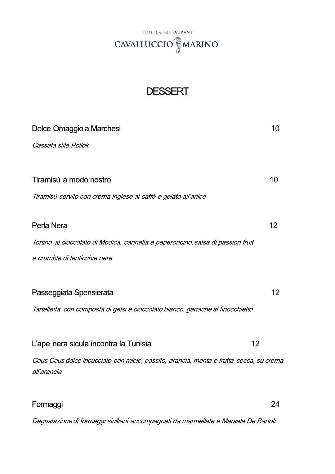 Menu di Cavalluccio Marino Hotel & Ristorante Lampedusa 
