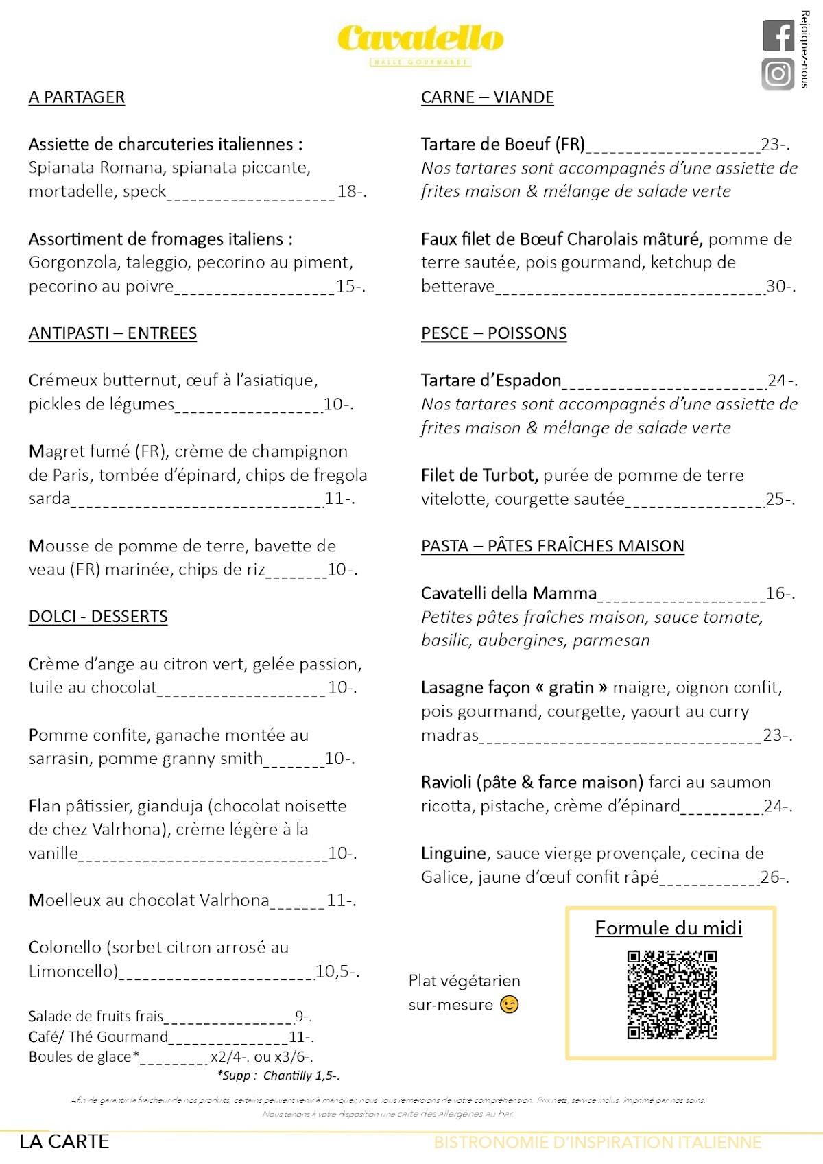 Menu de Restaurant Cavatello