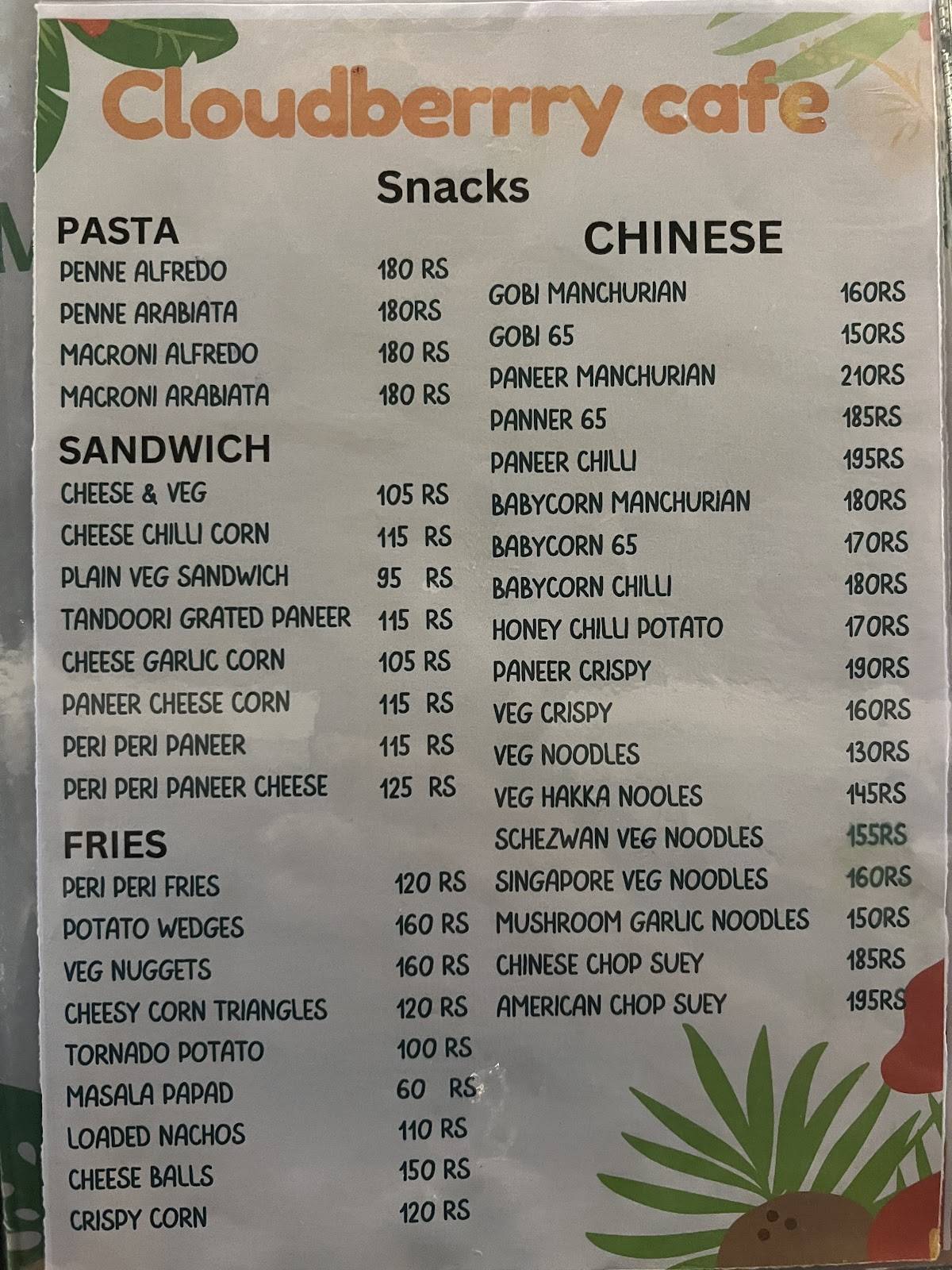 Cloudberrry Café menu