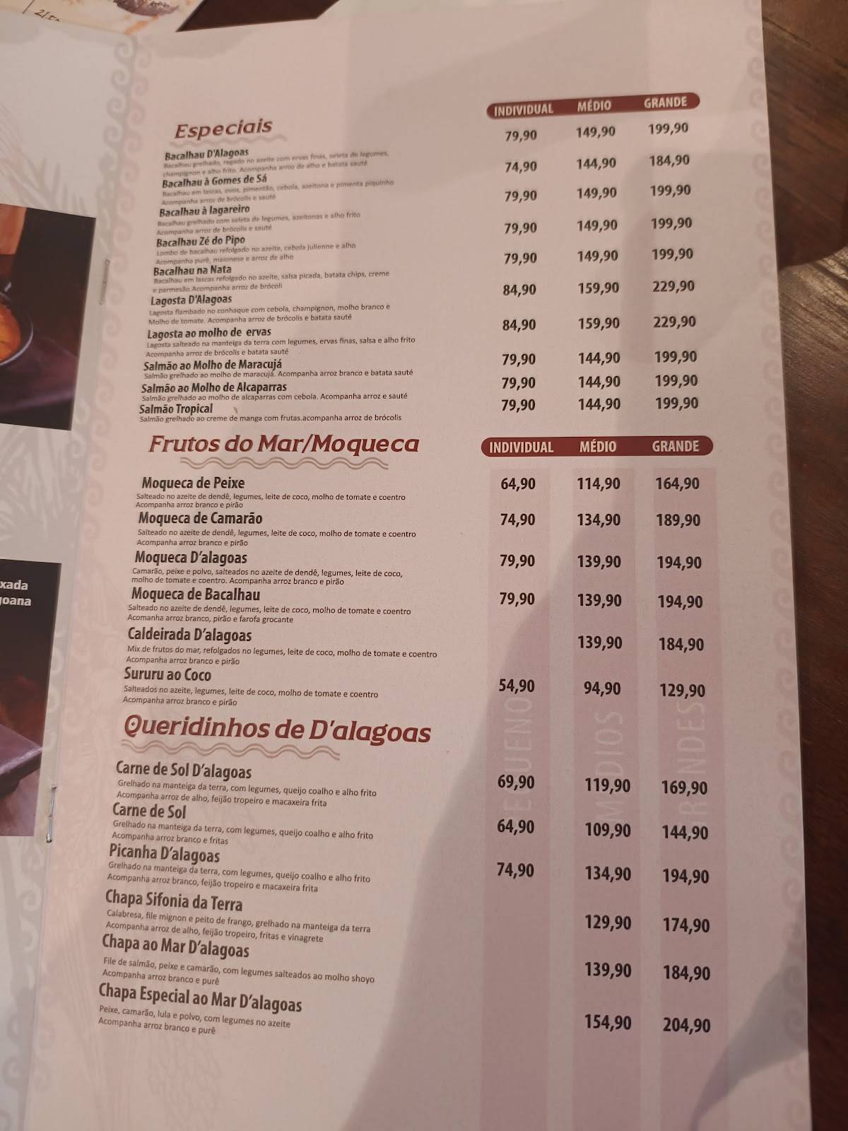 D’Alagoas Restaurante cardápio