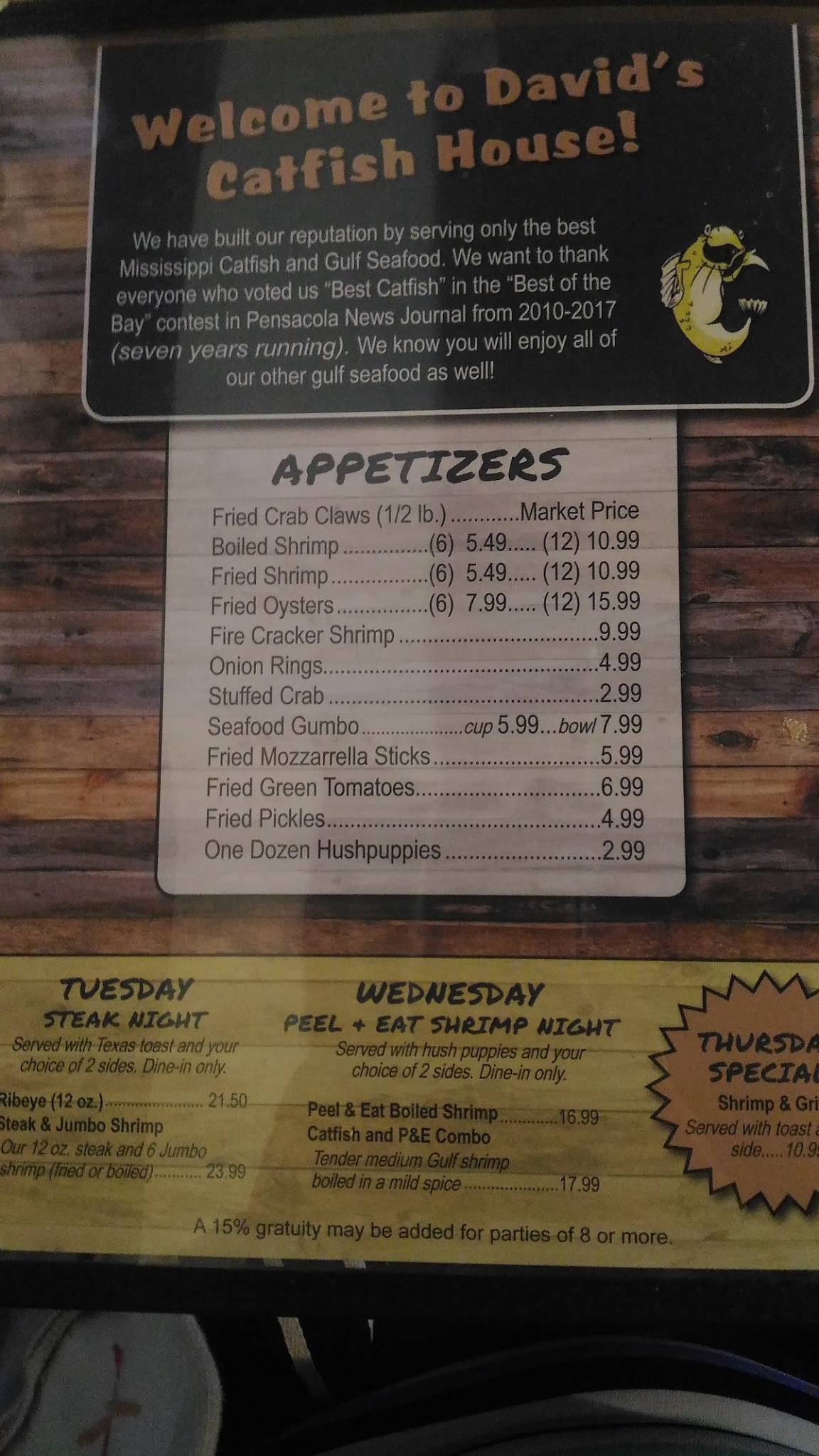 Menu at David's Catfish House Pensacola restaurant, Pensacola