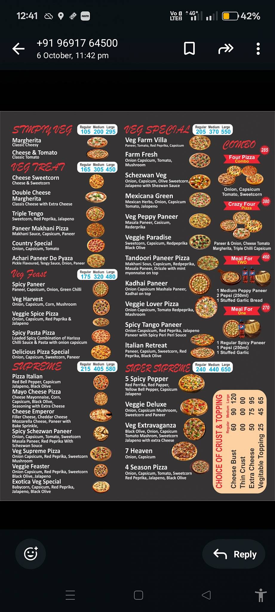 Delicious Pizza Square menu
