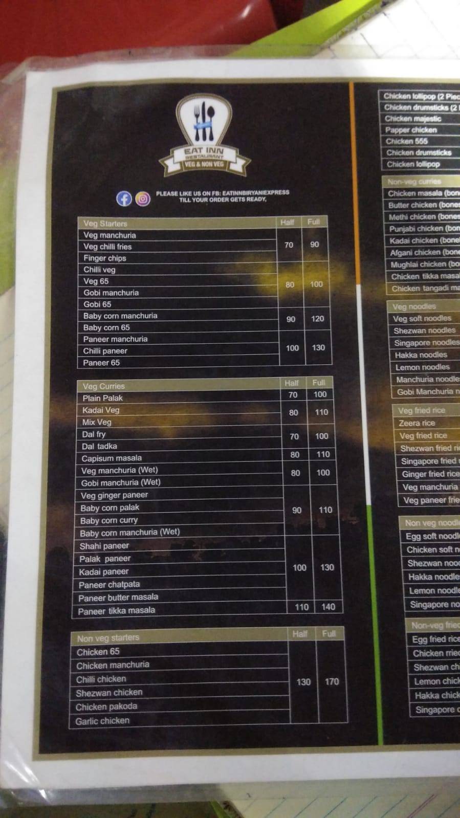 EAT INN BIRYANI EXPRESS AND FAST FOOD menu