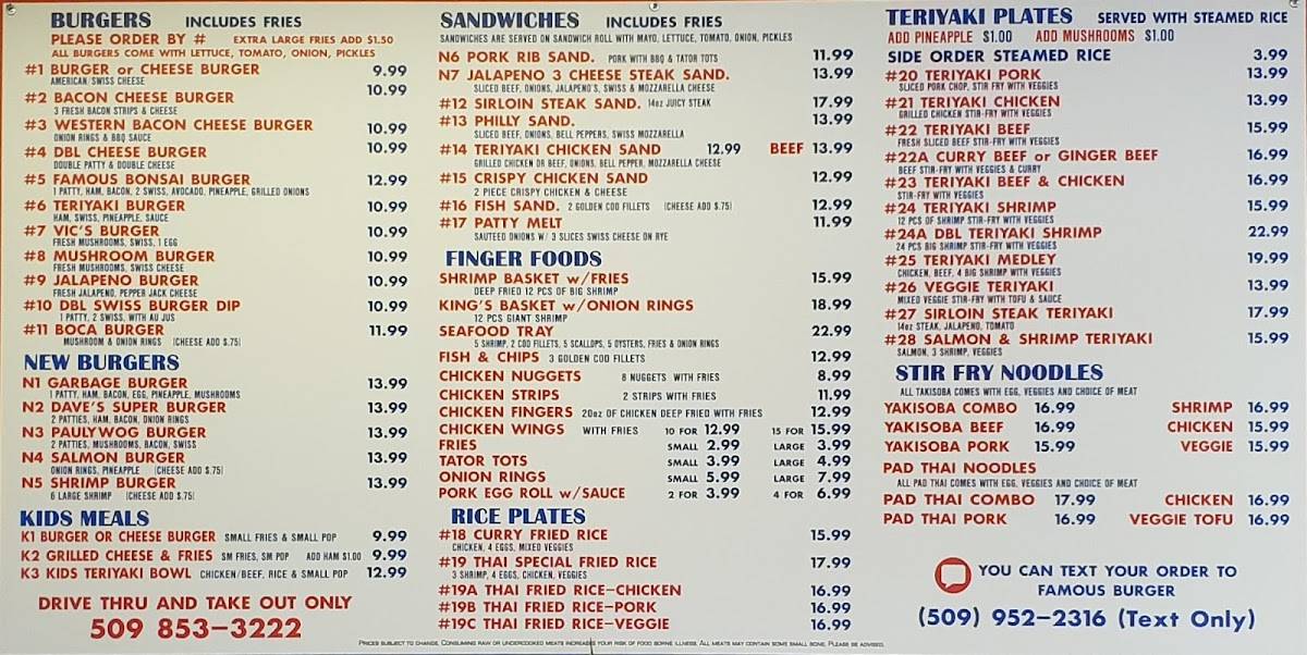 Menu at Famous Burger & Teriyaki Sandwich restaurant, Yakima