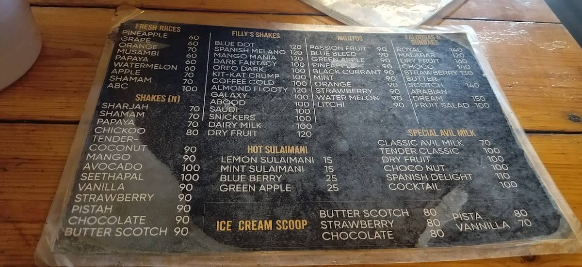 Fillys Juice & Grills menu