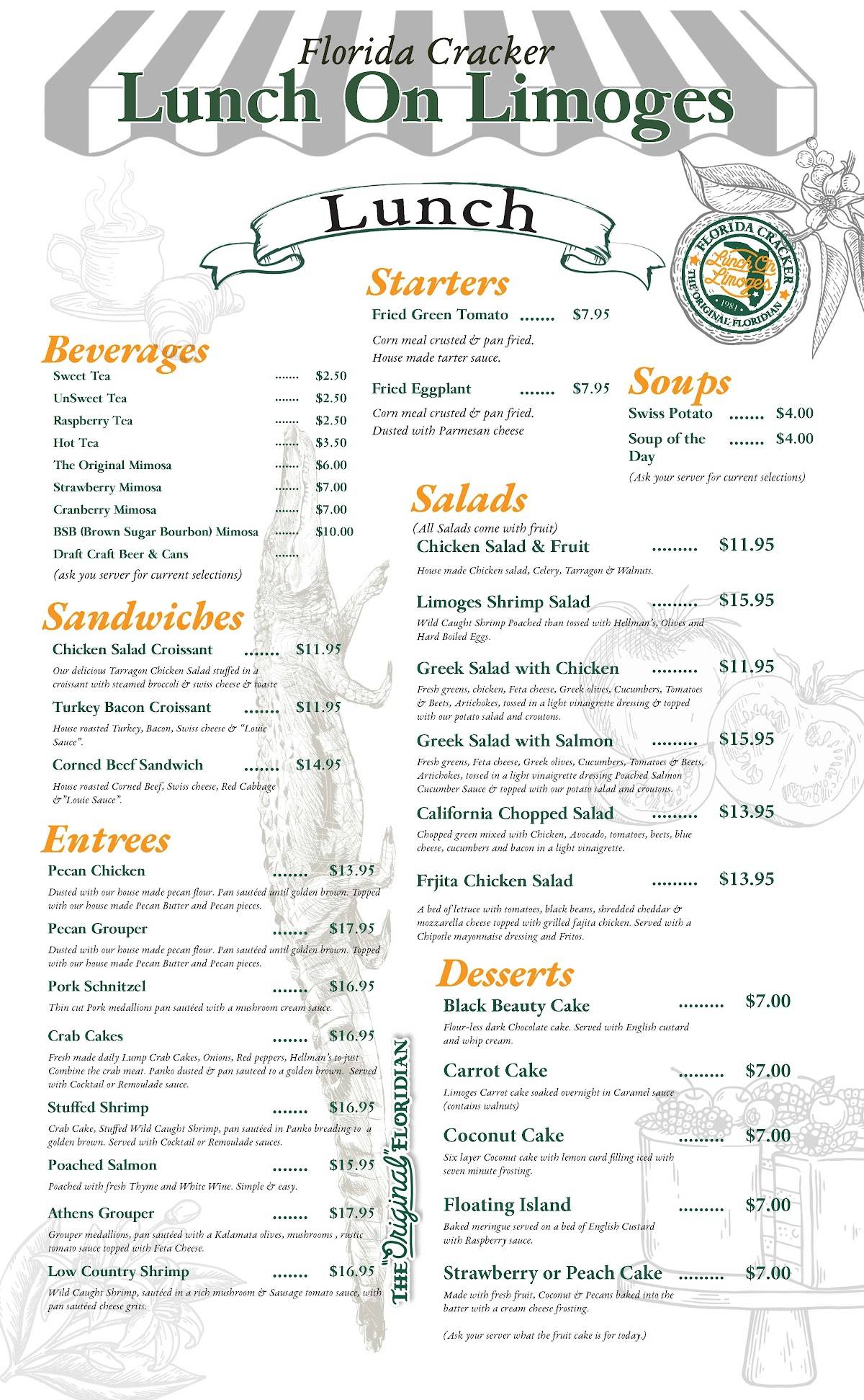 Menu at Florida Cracker Lunch On Limoges restaurant, Dade City, 7th St