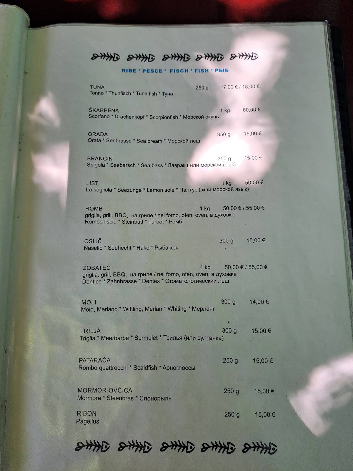 Menu di Fritolin, gostinstvo, d.o.o. 