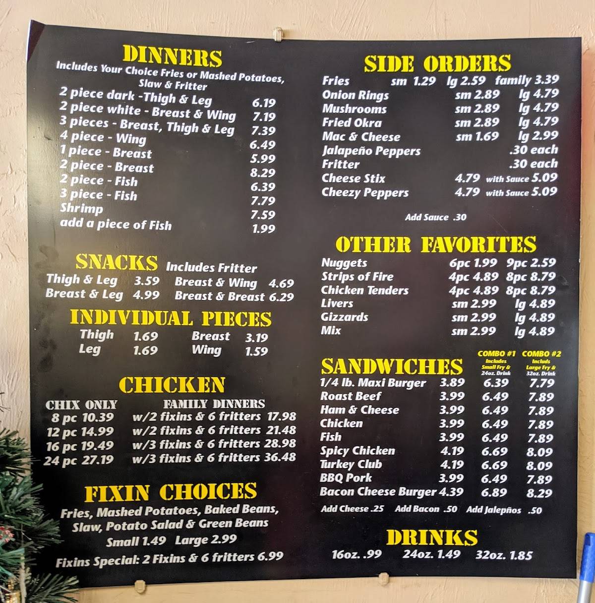Menu at Fryer's Chicken restaurant, Melrose