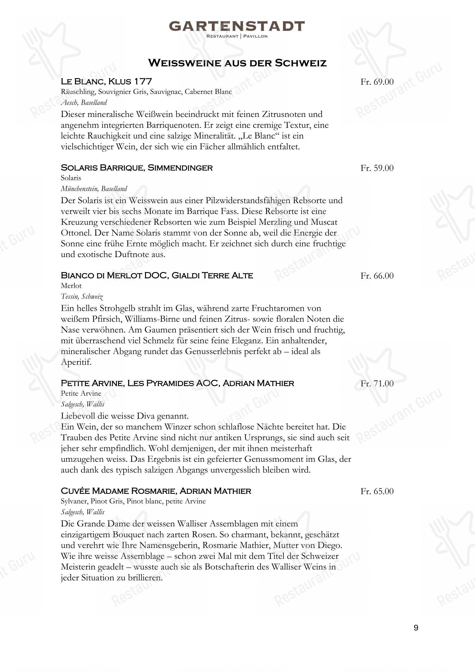 Restaurant Gartenstadt mit Pavillon in Münchenstein - Menu bar