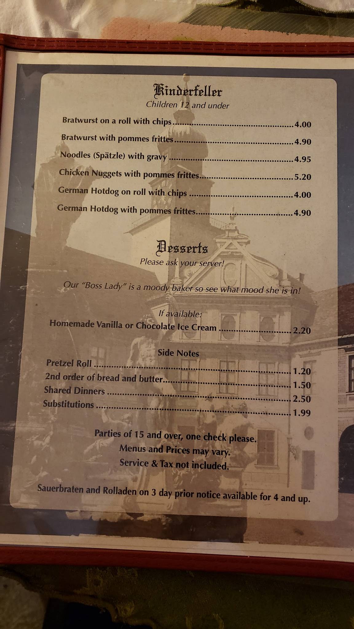 Menu at German Café restaurant, French Lick, 452 S Maple St