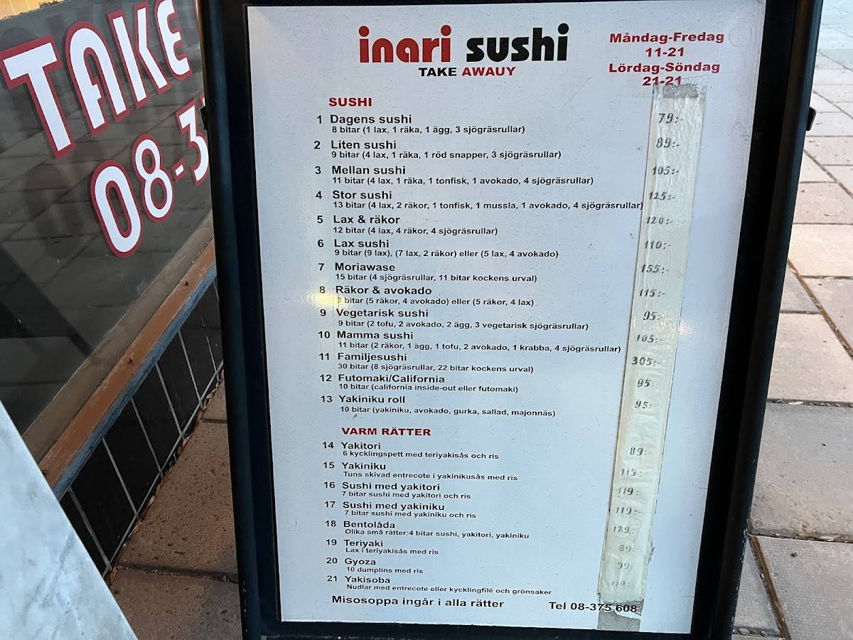 Menu at Inari Sushi restaurant, Stockholm