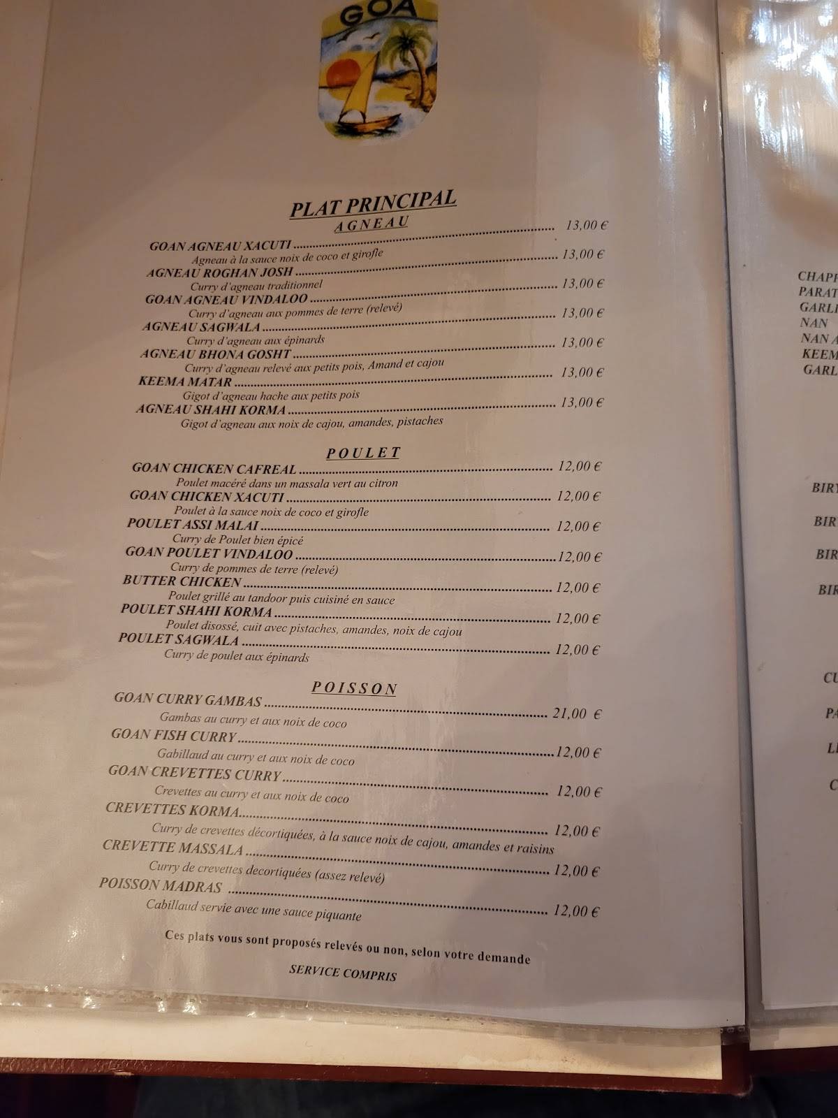 Menu de Restaurant Indien Goa