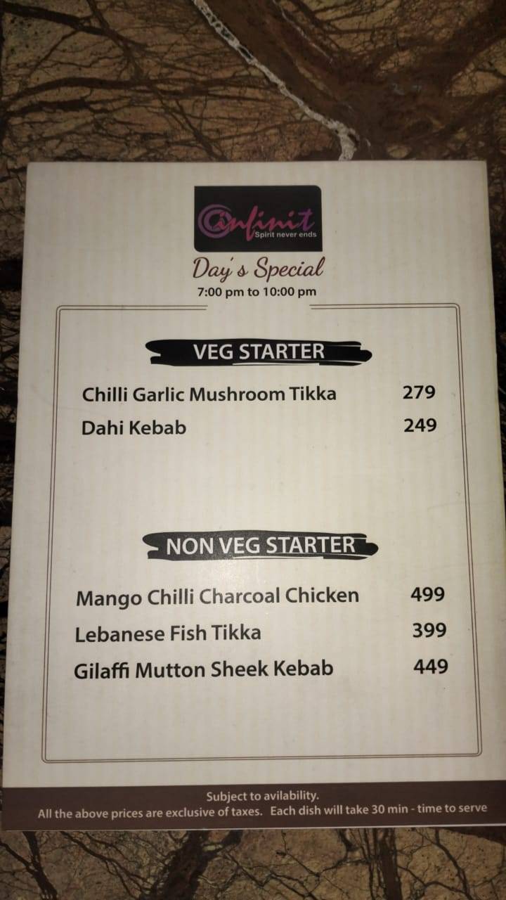 Infinit Roof Top Resto Bar menu