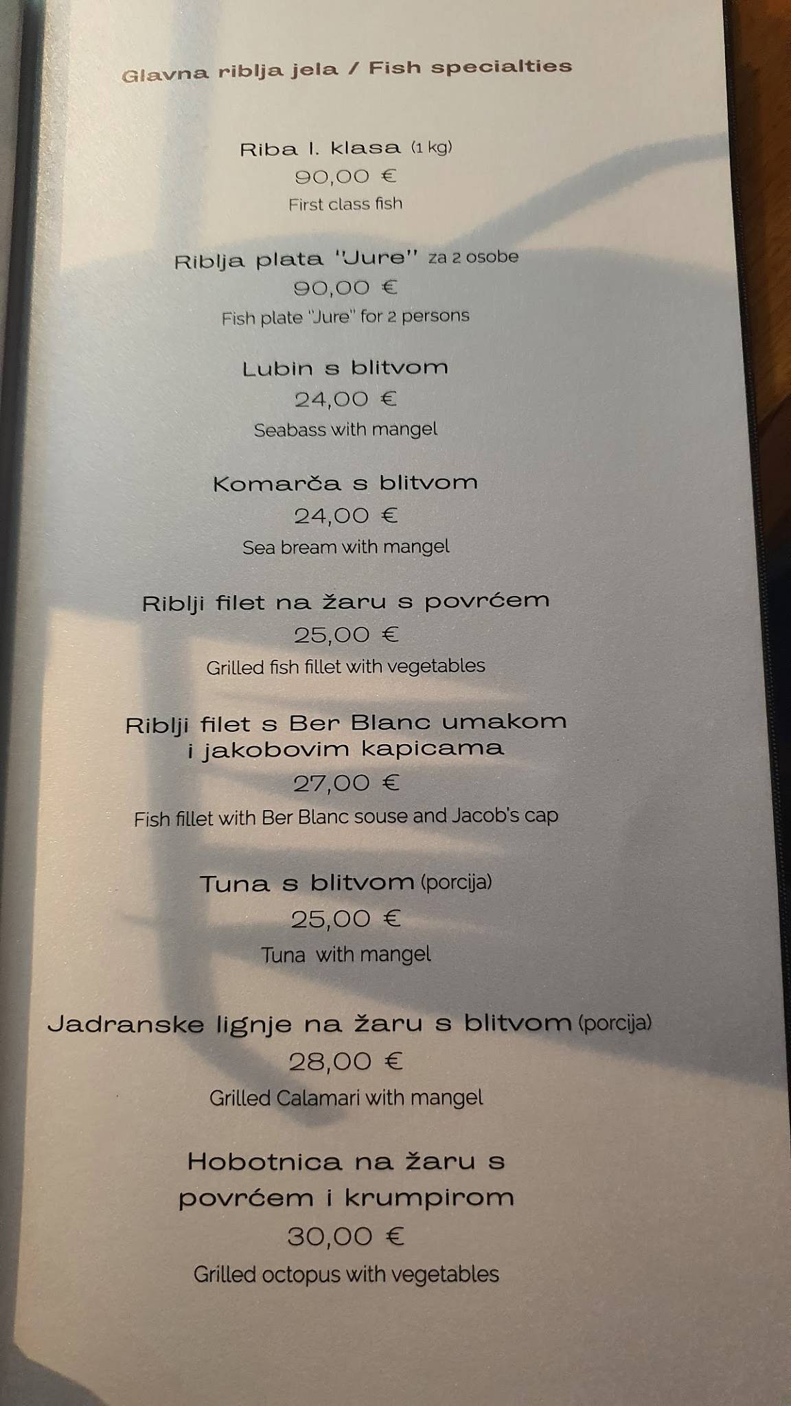 Menu di Restaurant Jure 