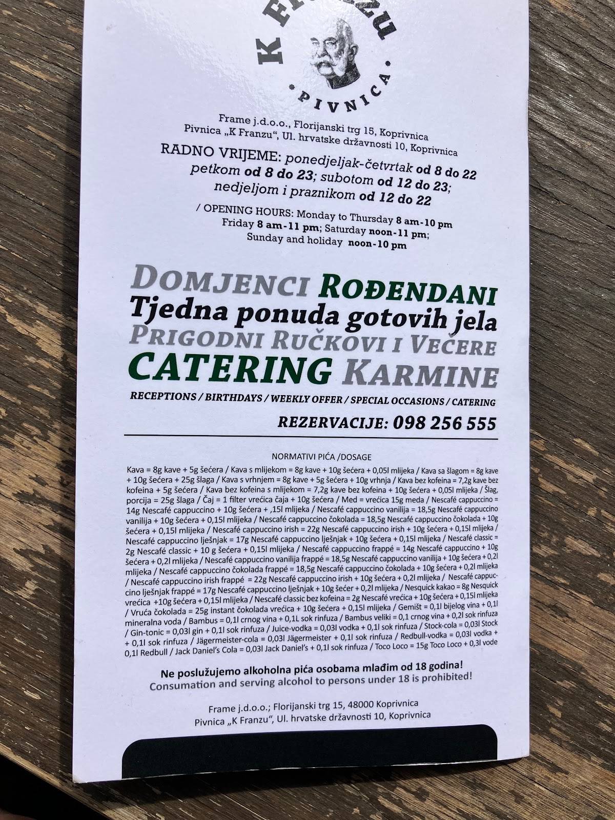 Menu at Restaurant K Franzu, Koprivnica