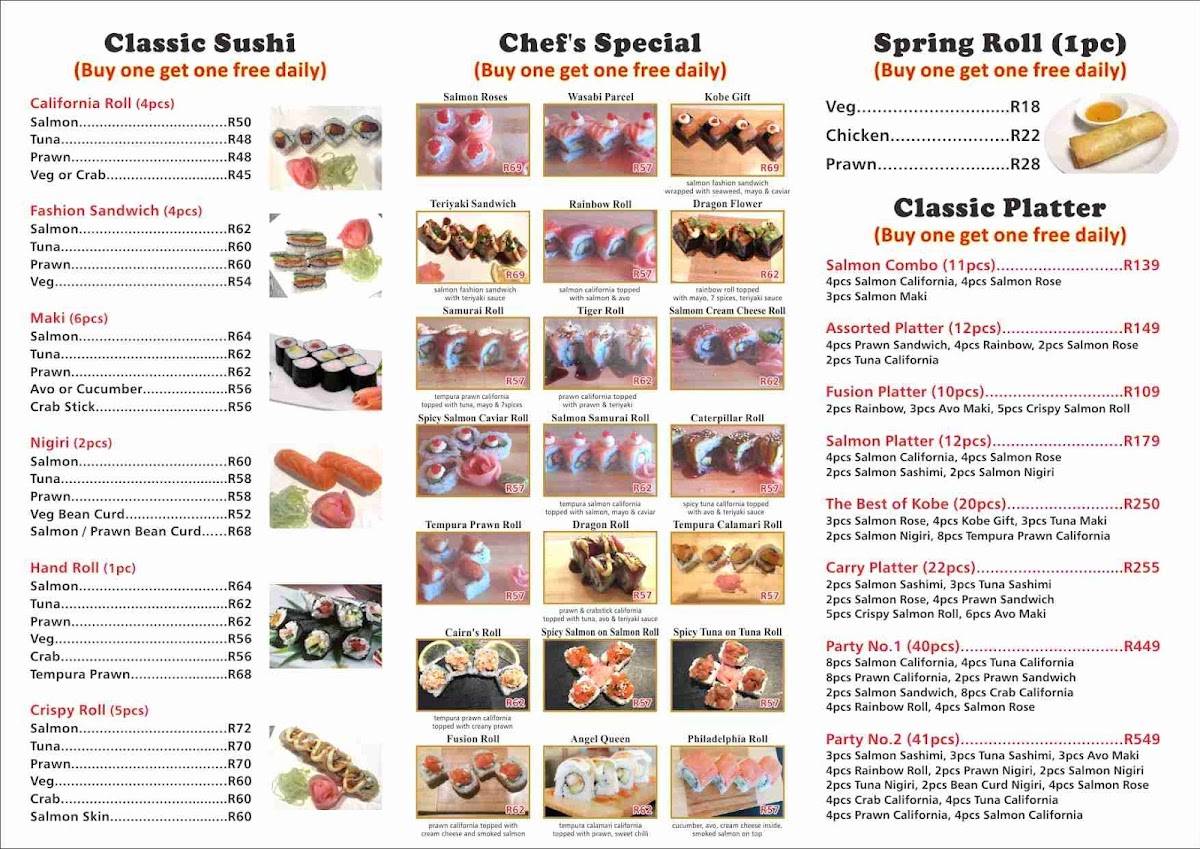 Kobe Teppan & Sushi Frisco Menu Menu at Kobe Sushi,Plumstead restaurant, Cape Town