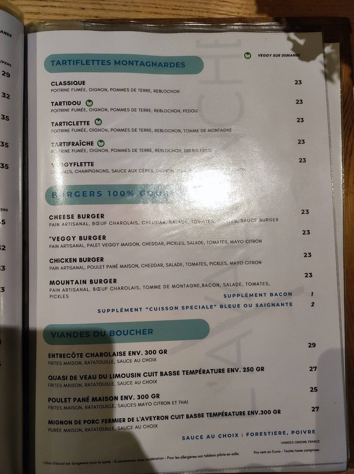 Menu de L 'AVALANCHE