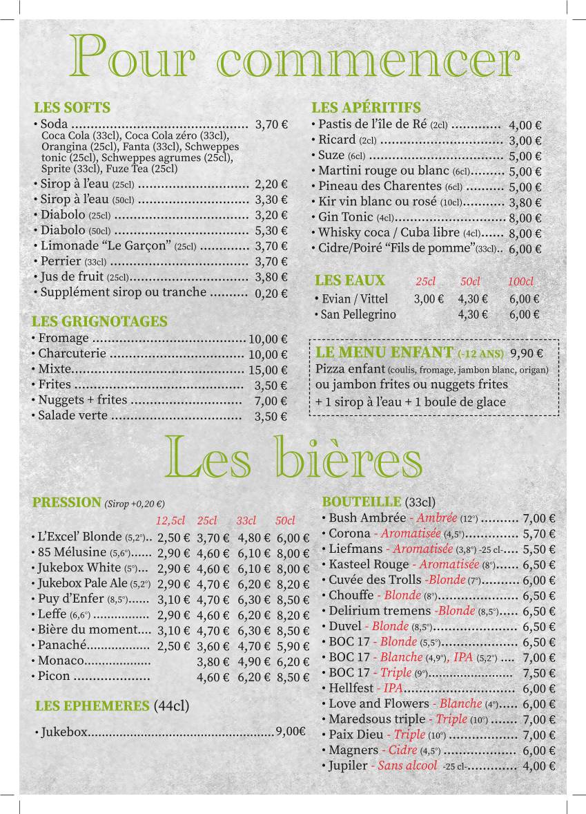 Menu de L'Excelsior Original Fouras