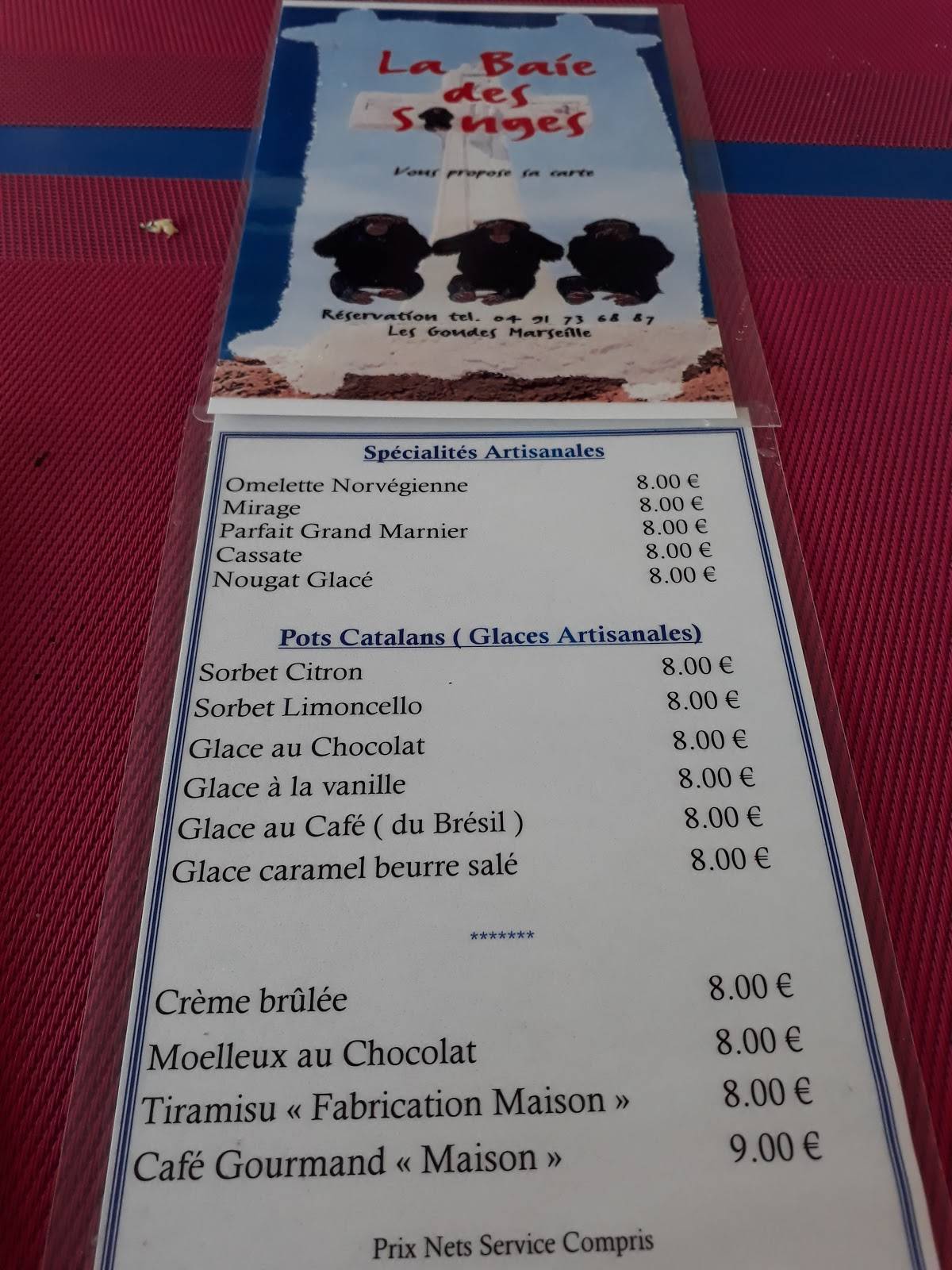 Menu au Restaurant La Baie des Singes, Marseille