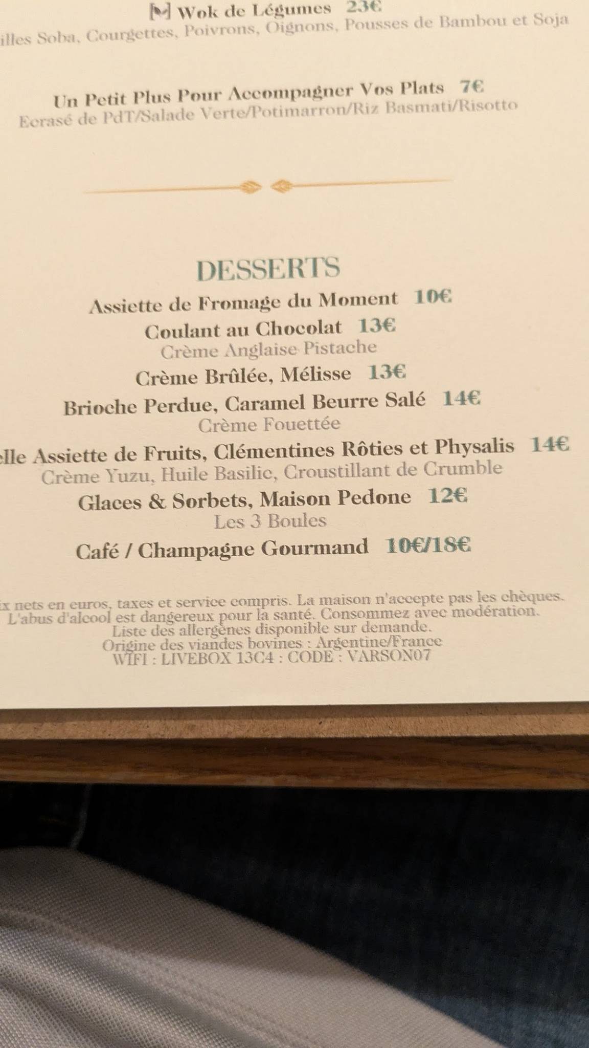 Menu de La Calèche