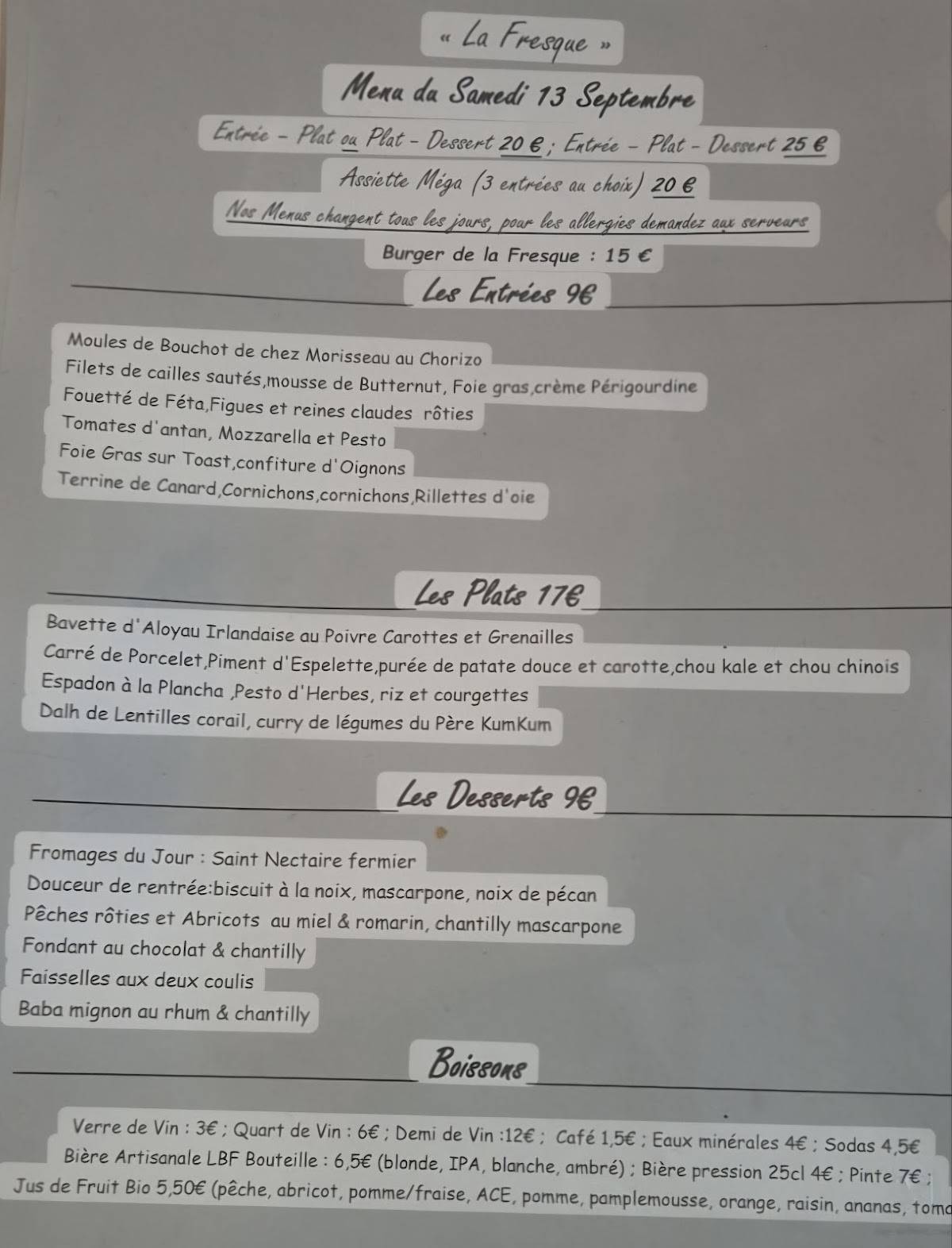 Menu de La Fresque