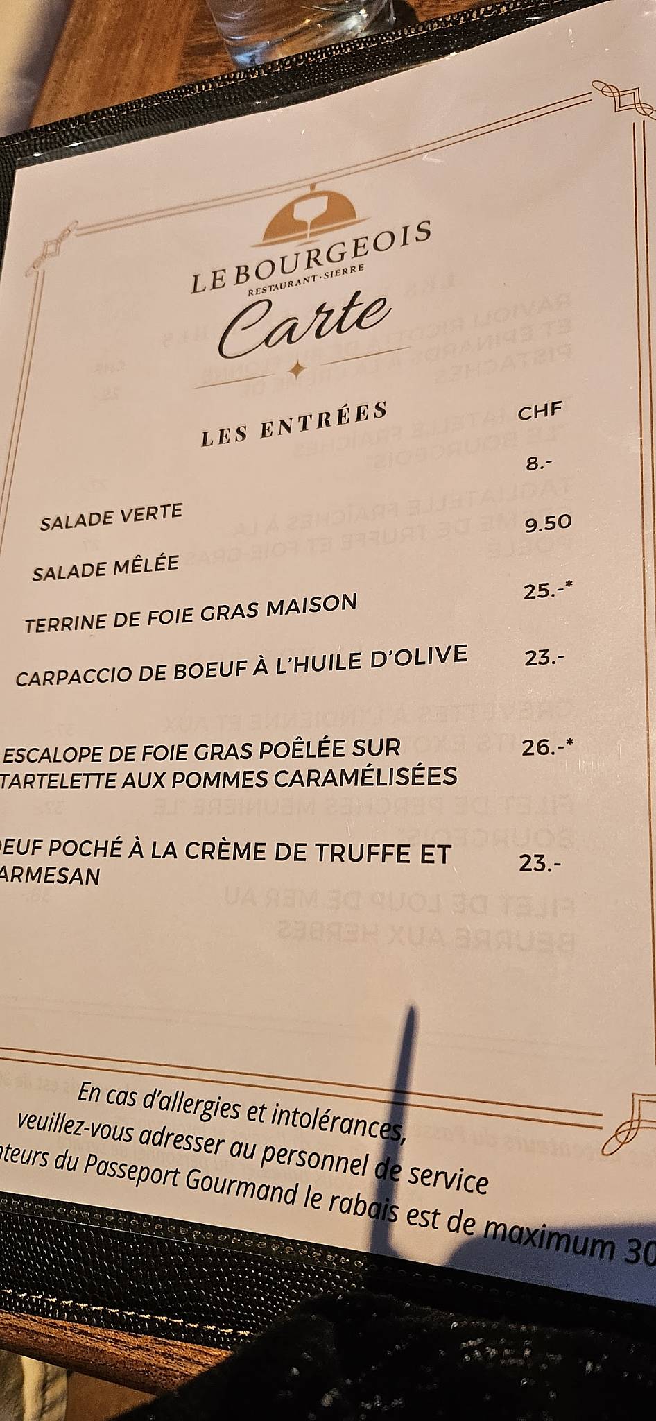 Menu di Restaurant Le Bourgeois 