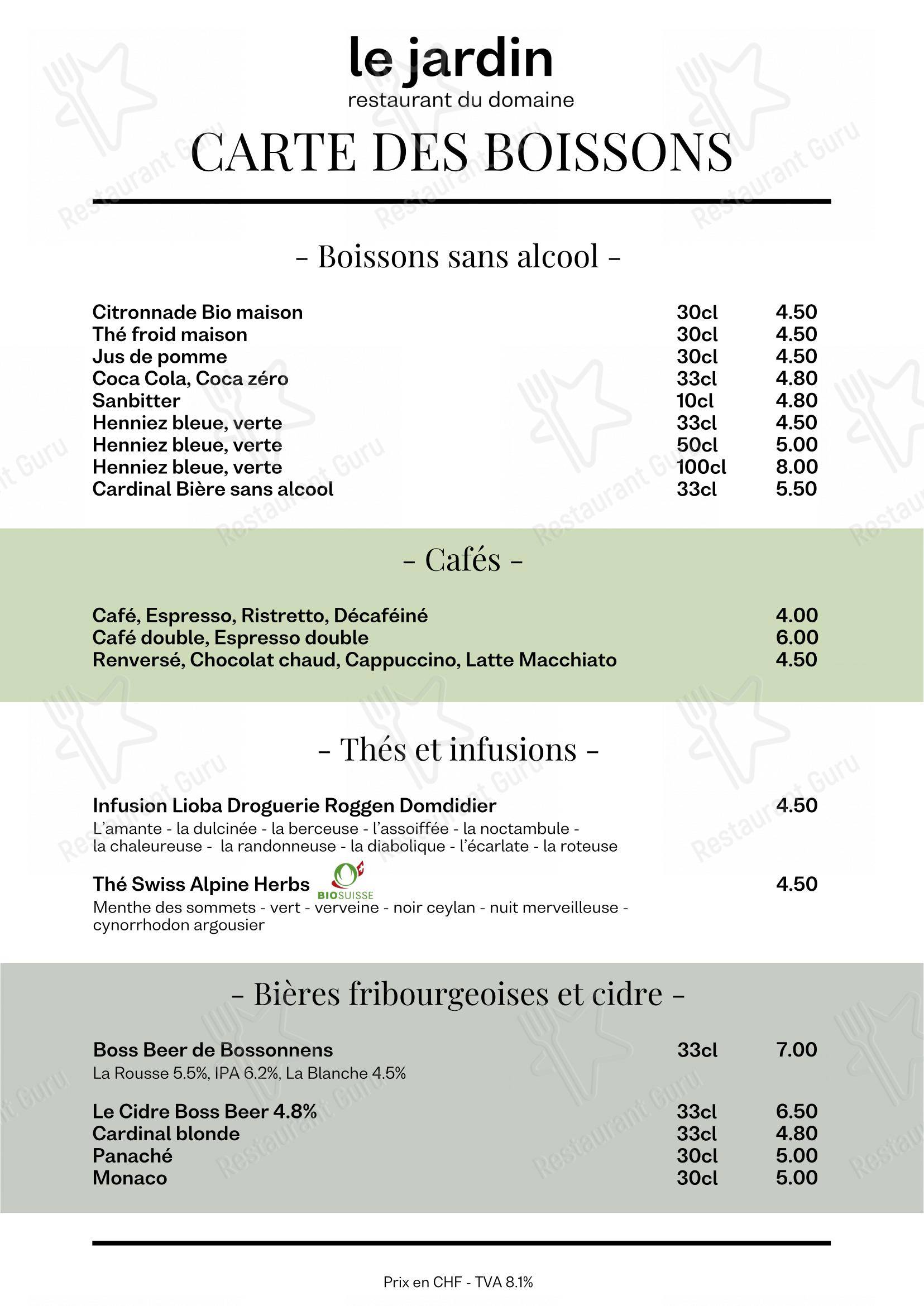 Restaurant Le Jardin in Villars-sur-Glâne - Menu bar