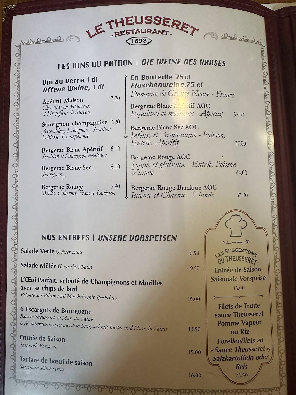 Menu au Restaurant Le Theusseret, Goumois