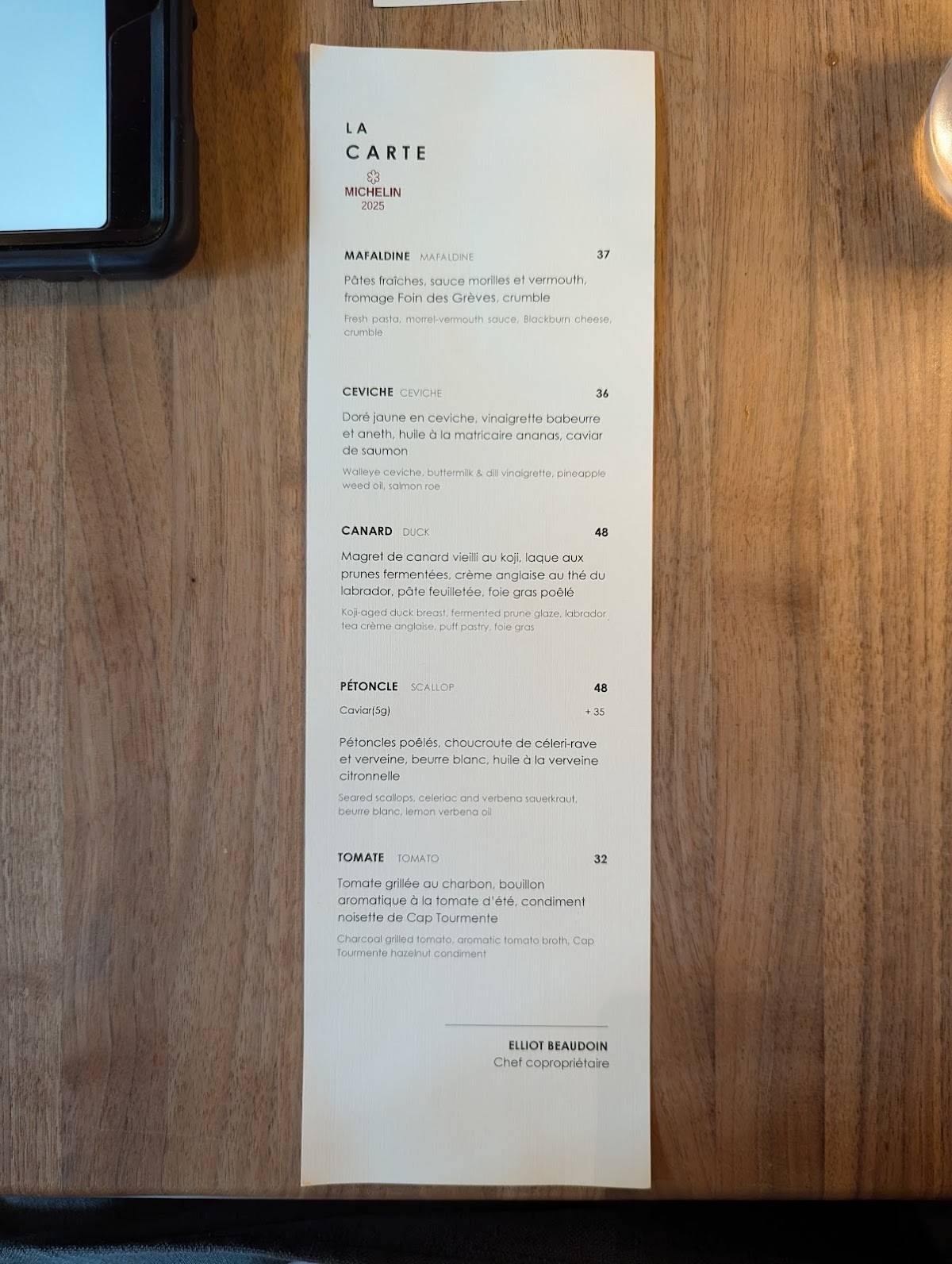 Menu de Restaurant Légende