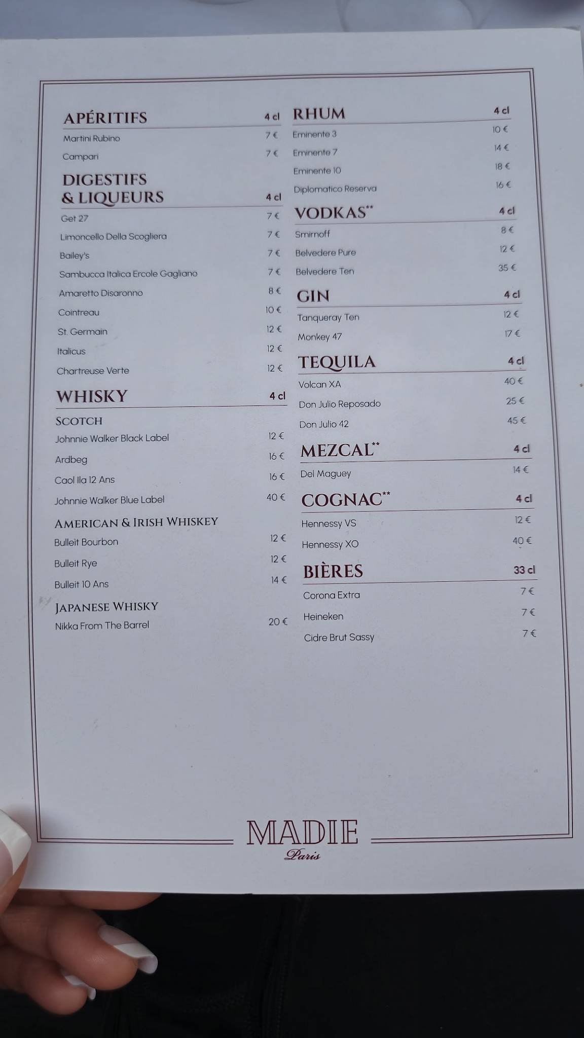 Menu de Madie