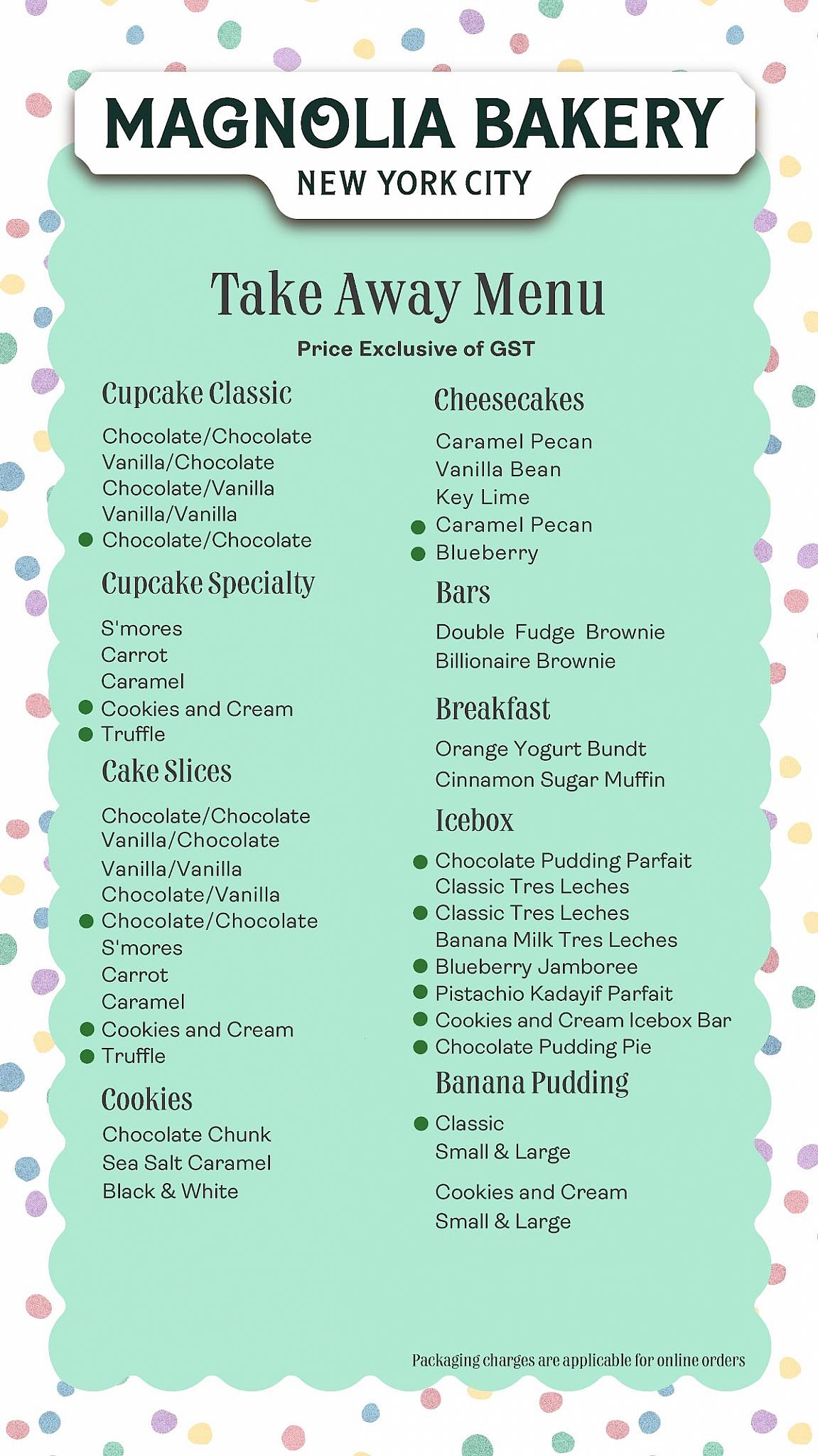 Magnolia Bakery menu