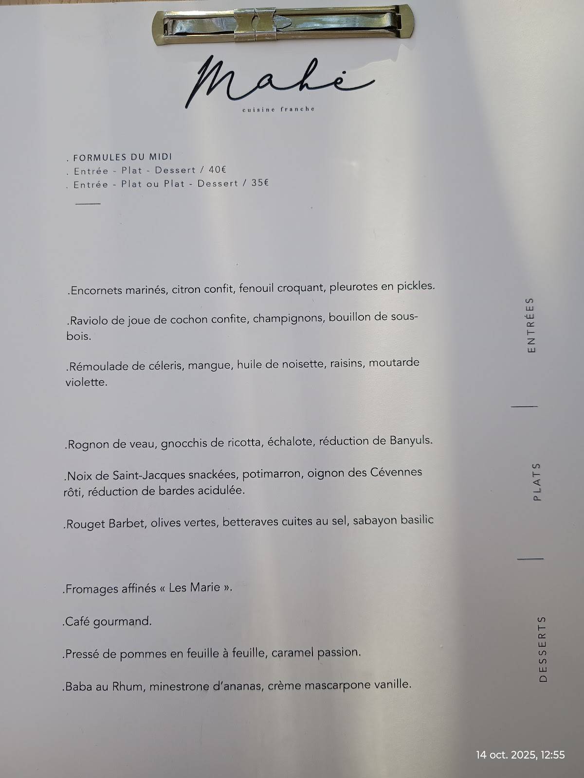 Menu de Mahé