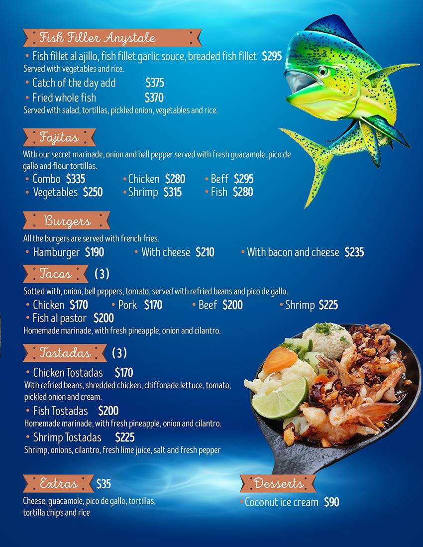 Menu at Mahi Mahi restaurant, San Miguel de Cozumel, Calle Dr Adolfo