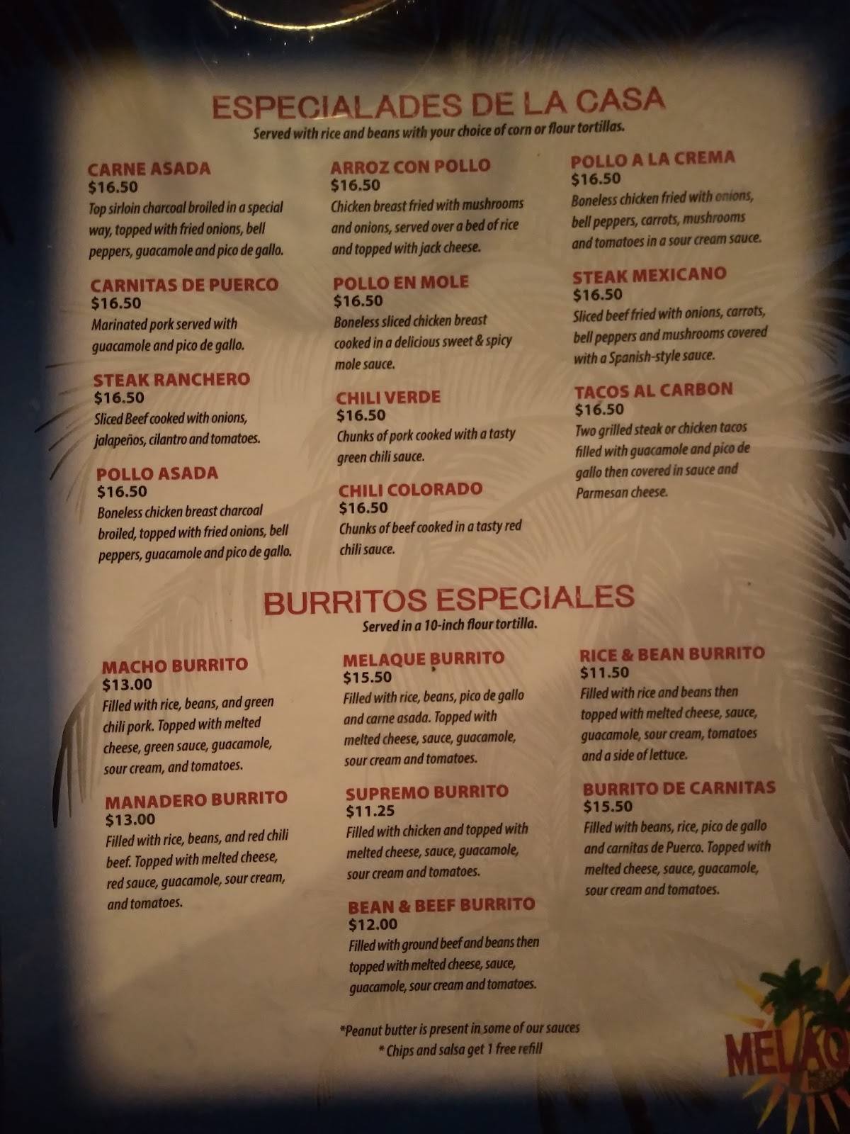Menu at Melaque Mexican Restaurant, Helena