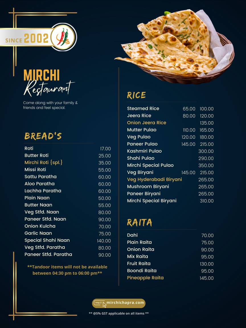 Mirchi Restaurant menu