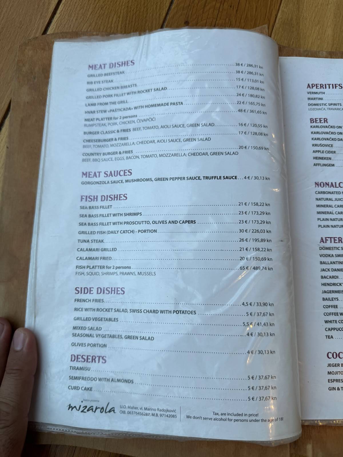 Menu di Restaurant Mizarola 