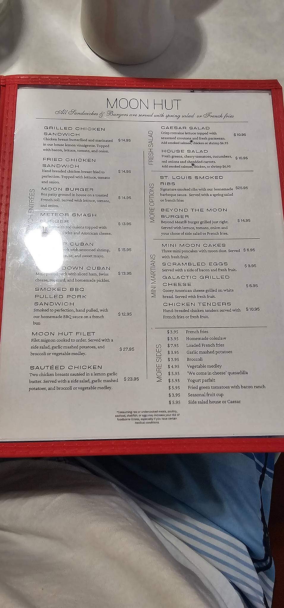 Menu at Moon Hut restaurant, Cape Canaveral