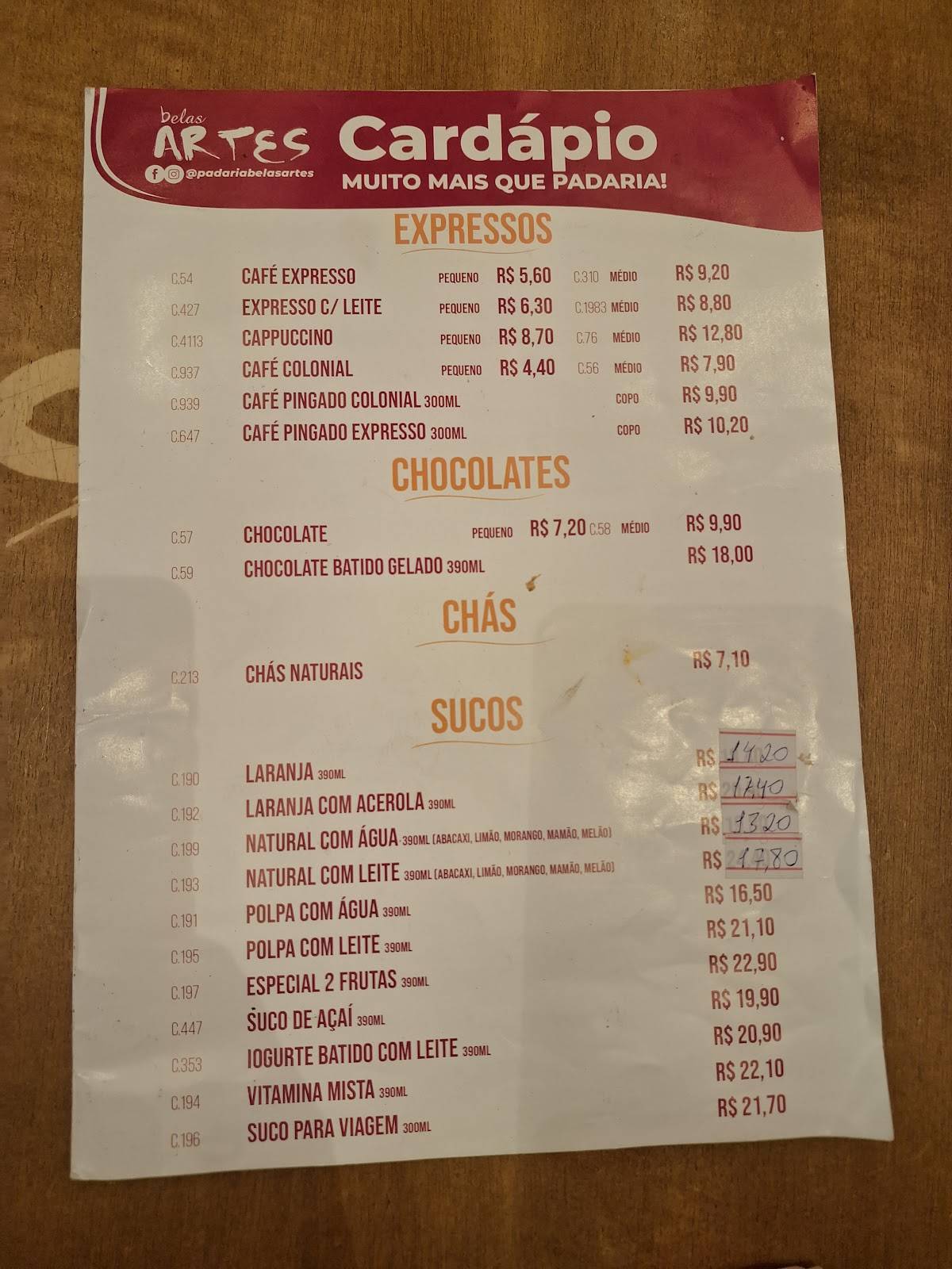 Padaria Belas Artes Osasco cardápio