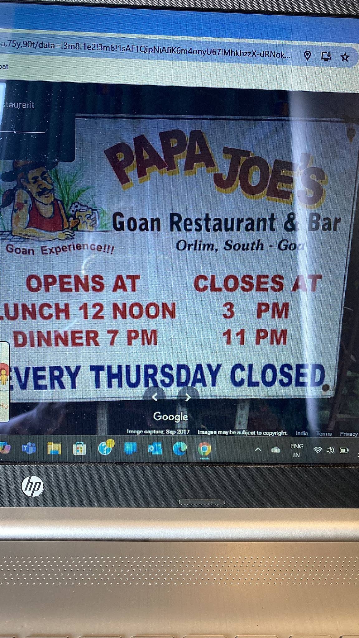 Papa Joe's Restaurant menu