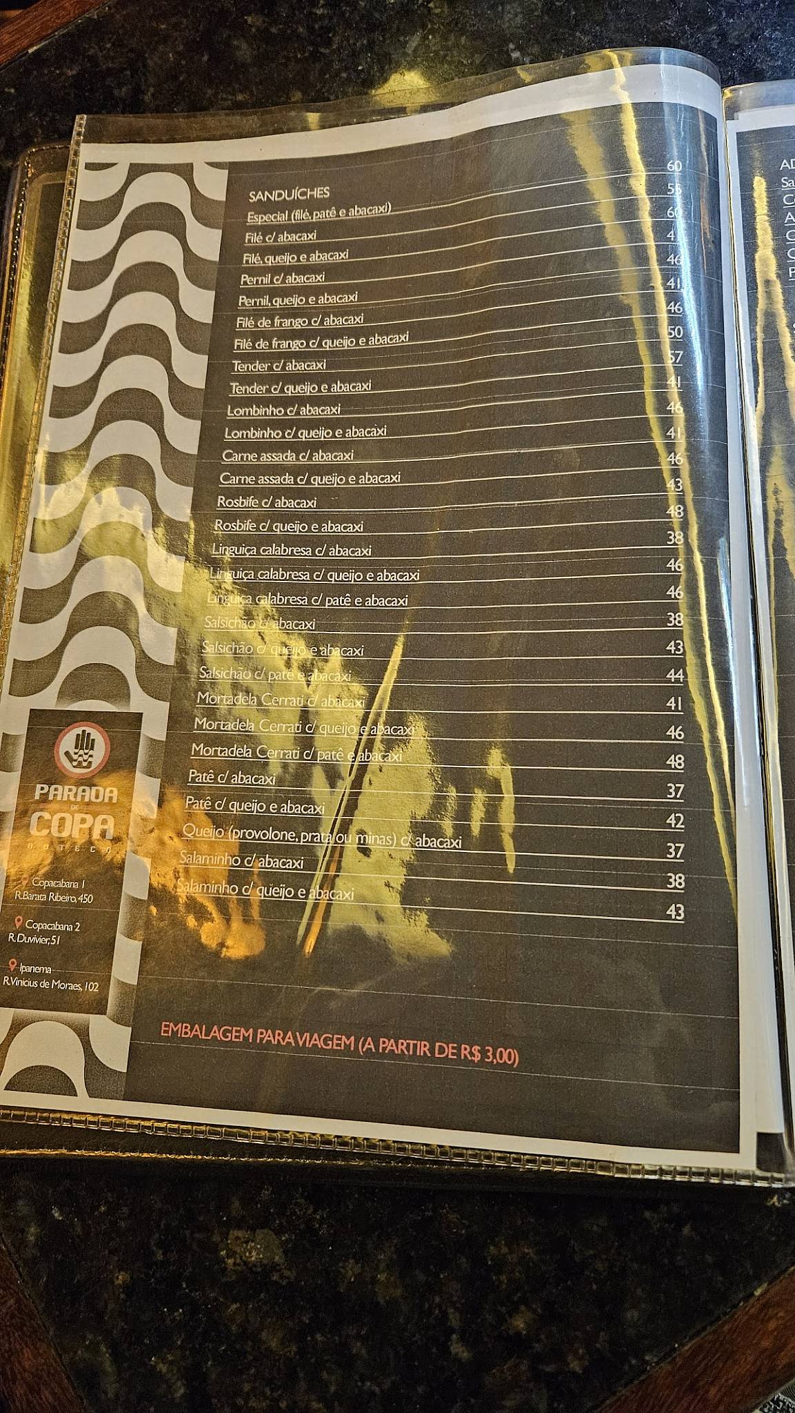 Parada De Copa cardápio