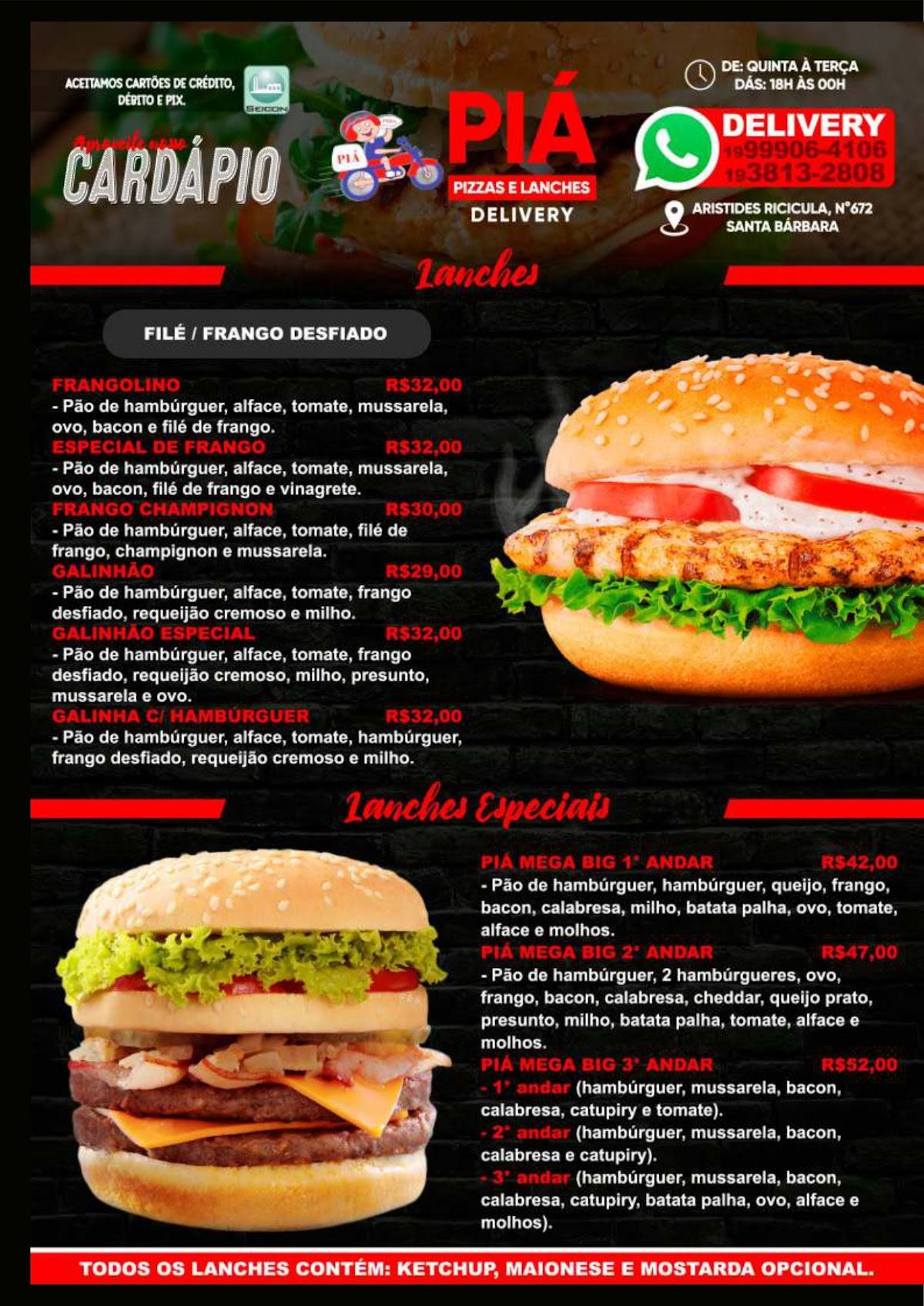 Piá Pizzaria, Restaurante e Lanchonete cardápio