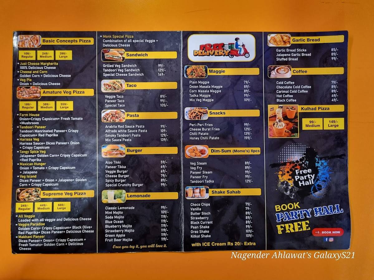 Pizza Monk cafe & party hall menu