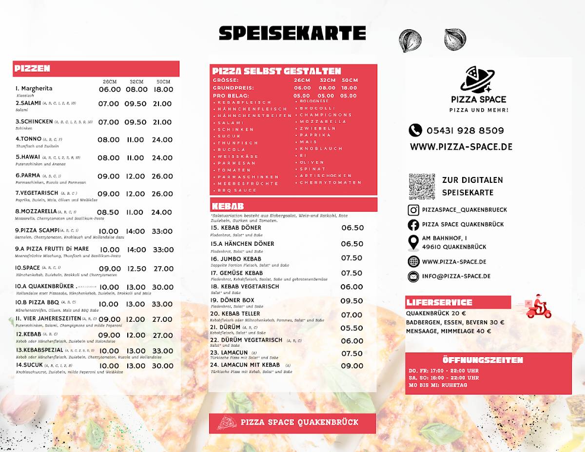 Меню Pizza Space, Квакенбрюк, Am Bahnhof 1