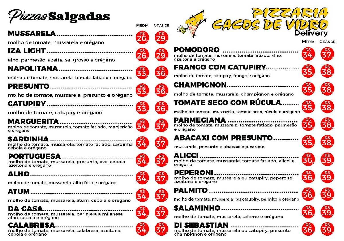 Delivery Pizzaria Cacos de Vidro cardápio
