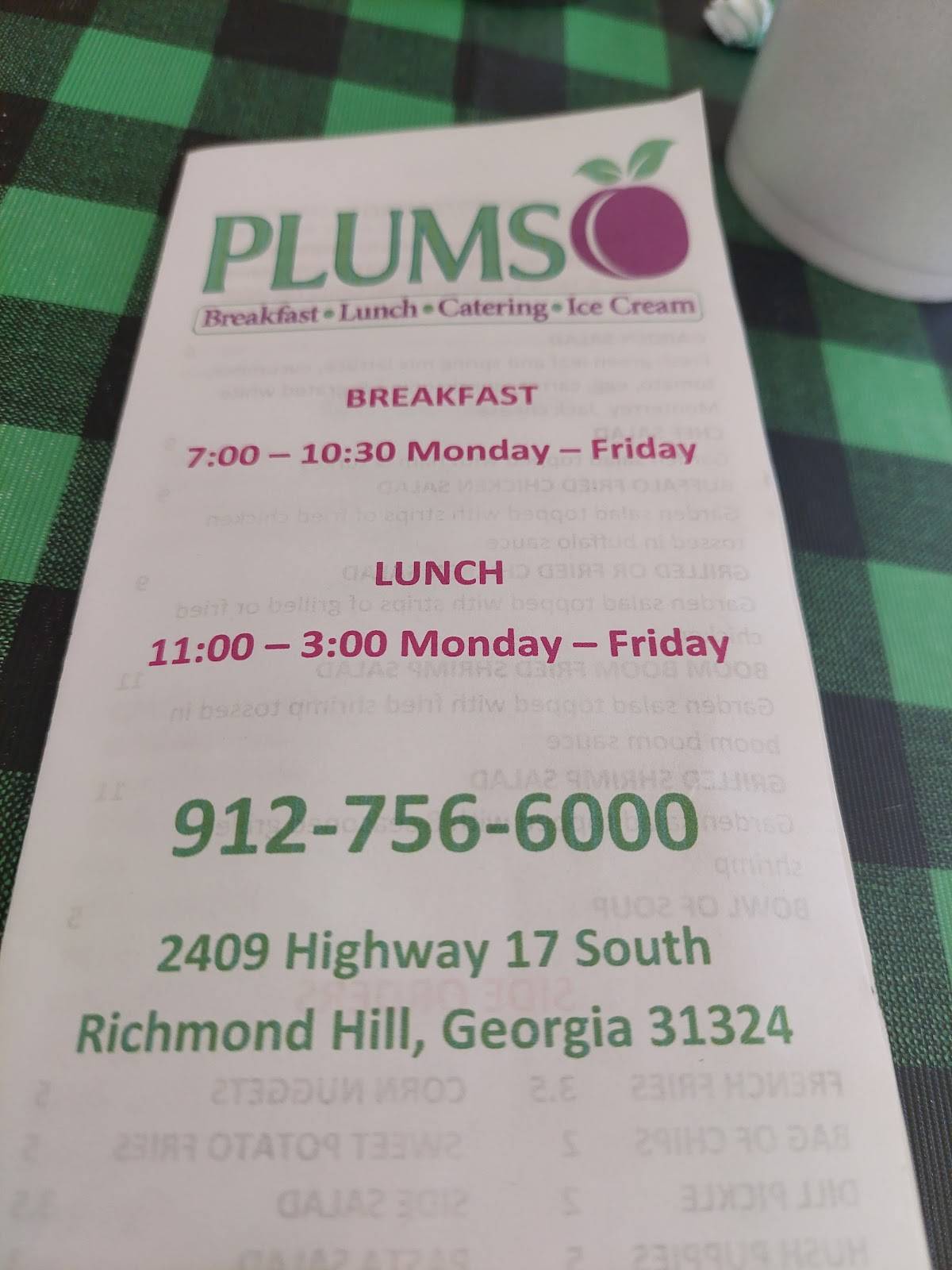 Menu at Plums Restaurant, Richmond Hill