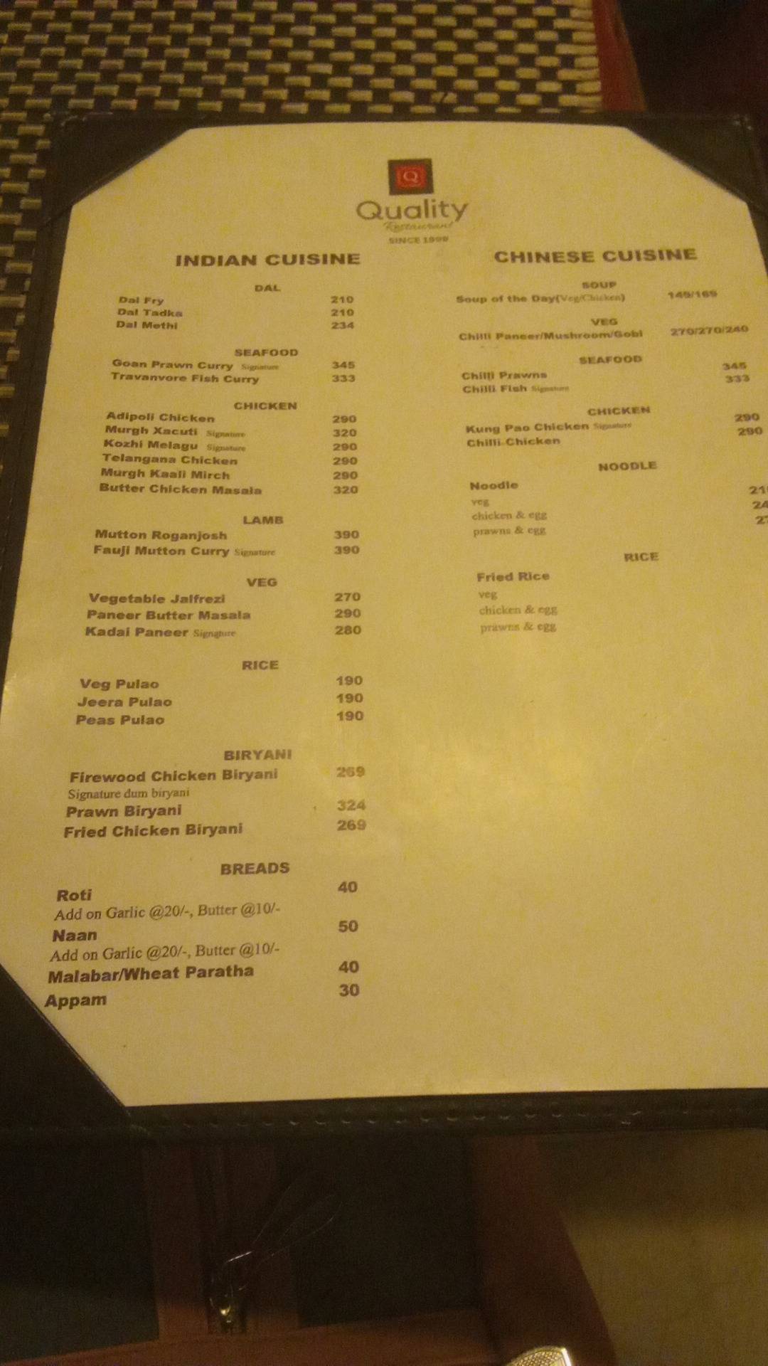 Quality Restaurant menu