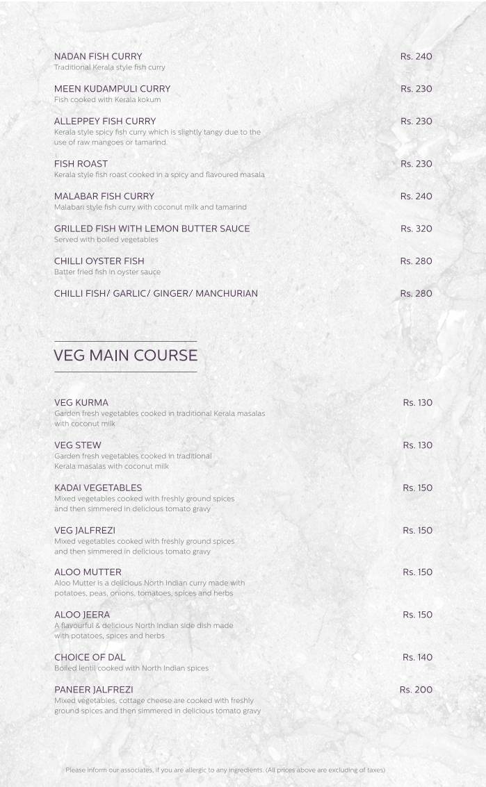 Rainfall Restaurant menu