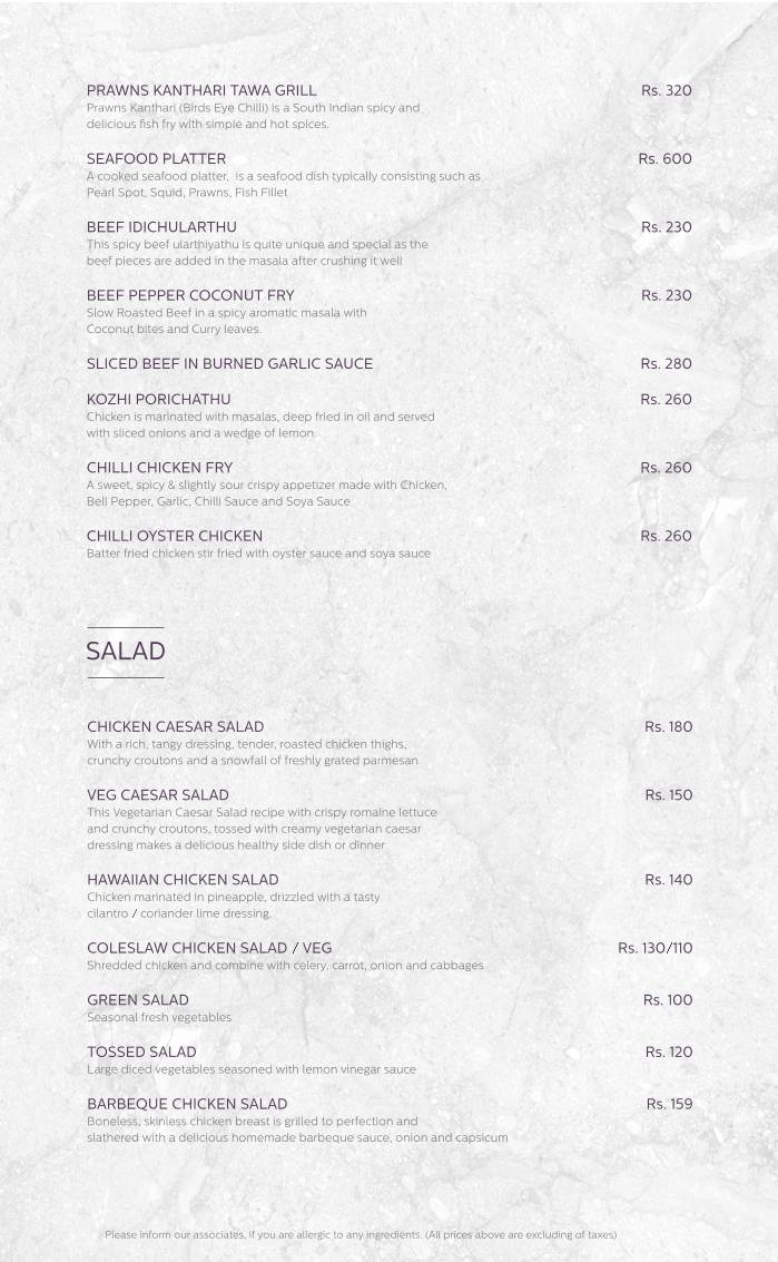 Rainfall Restaurant menu